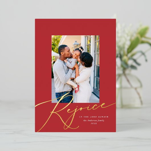 Elegant Rejoice Religieuze kerstfoto Gold Folie Feestdagenkaart (Staand Voorkant)