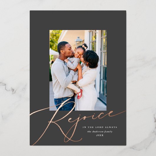Elegant Rejoice Religieuze kerstfoto Roos Folie Feestdagenkaart (Voorkant)