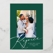 Elegant Rejoice Religieuze kerstfoto Zilver Folie Feestdagenkaart (Voorkant)