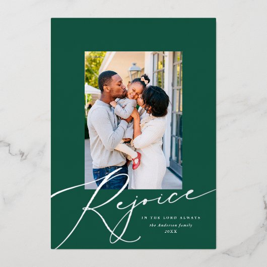 Elegant Rejoice Religieuze kerstfoto Zilver Folie Feestdagenkaart (Voorkant)