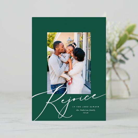 Elegant Rejoice Religieuze kerstfoto Zilver Folie Feestdagenkaart (Staand Voorkant)