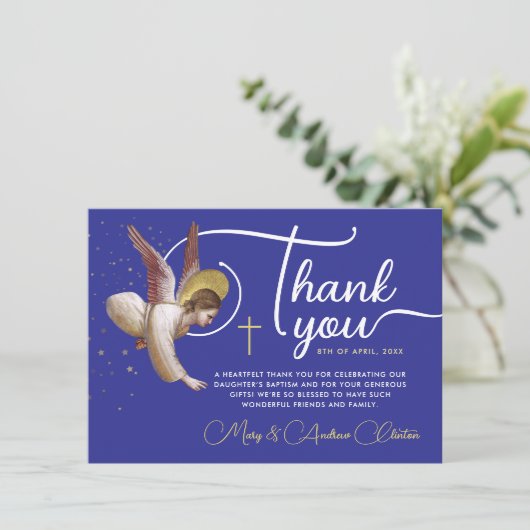 Elegant religieus blauw wit engel zegen script bedankkaart (Staand voorkant)