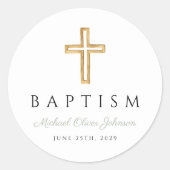 Elegant Religieus Cross Sage Groen Script Doop Ronde Sticker (Voorkant)