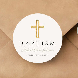 Elegant Religieus Cross Sage Groen Script Doop Ronde Sticker