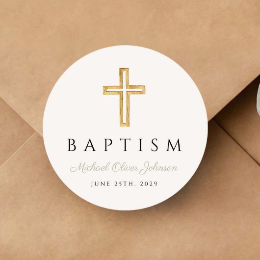 Elegant Religieus Cross Sage Groen Script Doop Ronde Sticker