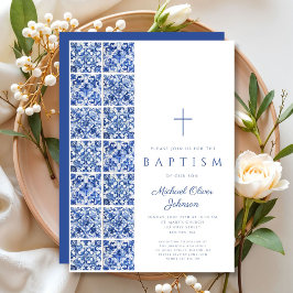 Elegant Religieus Kruis Blauwe Tegels Doop Kaart