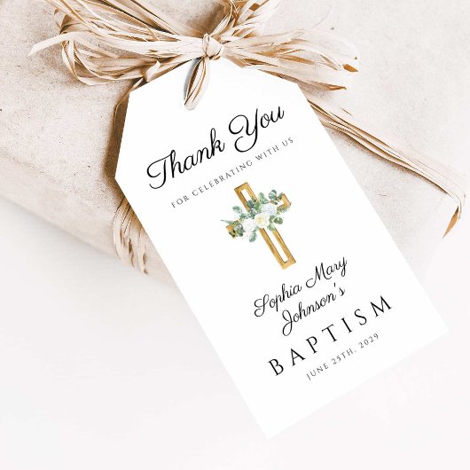 Elegant Religieus Kruis Bloem Doop Bedankt Cadeaulabel