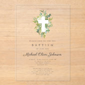 Elegant Religieus Kruis Botanisch Doopsel Acryl Uitnodigingen (Voorkant)