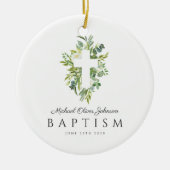 Elegant Religieus Kruis Groen Botanisch Doopsel Keramisch Ornament (Voorkant)