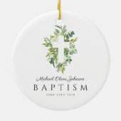 Elegant Religieus Kruis Groen Botanisch Doopsel Keramisch Ornament (Achterkant)