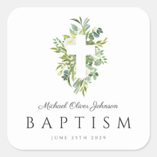 Elegant Religieus Kruis Groen Botanisch Doopsel Vierkante Sticker