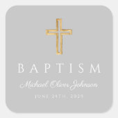 Elegant Religieus Kruis Jongen Doop Vierkante Sticker (Voorkant)