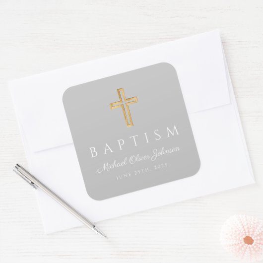 Elegant Religieus Kruis Jongen Doop Vierkante Sticker (Envelop)
