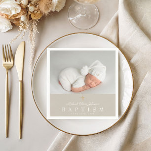 Elegant Religieus Kruis Taupe Foto Doopfeest Servet