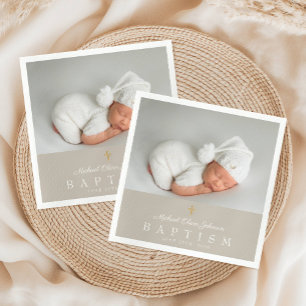 Elegant Religieus Kruis Taupe Foto Doopfeest Servet
