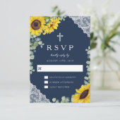Elegant Religieus Marine Blauw Zonnebloem Bruiloft RSVP Kaartje (Staand voorkant)
