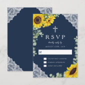 Elegant Religieus Marine Blauw Zonnebloem Bruiloft RSVP Kaartje (Voorkant / Achterkant)