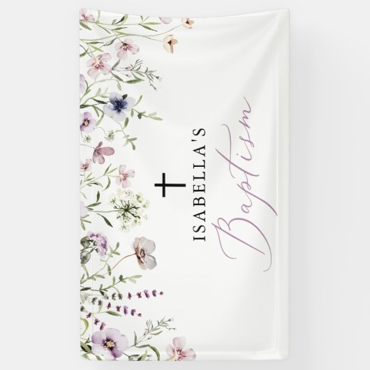 Elegant Religieus Roze Wildbloem Meisje Dopen Spandoek (Verticaal)