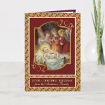 Elegant Religieuze Baby Jesus KerstAngels Feestdagen Kaart<br><div class="desc">Met een mooi traditioneel religieus kerstafbeelding van de Baby Jezus in een boosheid die door engelen wordt ingeladen. Een gouden rand accentueert de achtergrond.</div>