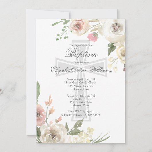 Elegant Religieuze Baptism Ceremony Pink Floral Kaart (Voorkant)