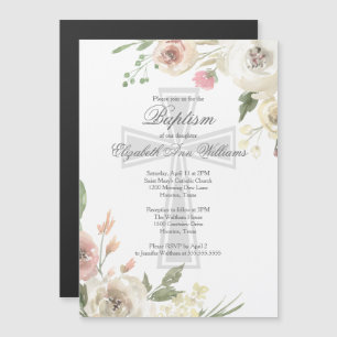Elegant Religieuze Baptism Ceremony Pink Floral Magnetische Uitnodiging