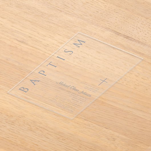 Elegant Religieuze Cross Dusty Blue Boy Baptisme Acryl Uitnodigingen (Laagn)