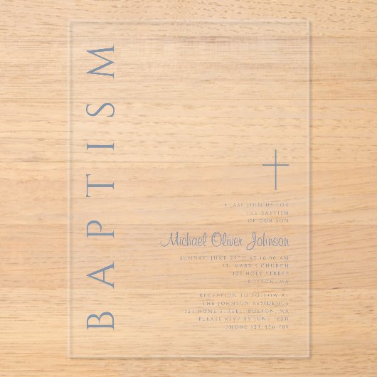 Elegant Religieuze Cross Dusty Blue Boy Baptisme Acryl Uitnodigingen (Voorkant)