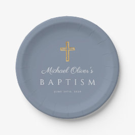 Elegant Religieuze Cross Dusty Blue Boy Baptisme Papieren Bordje