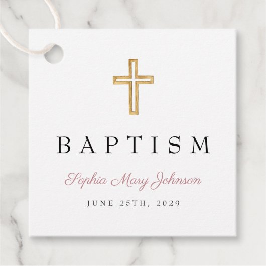 Elegant Religieuze Cross-Roze Manuscript Baptisme Bedankjes Labels (Voorkant)