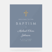 Elegant Religieuze Dusty Blue Boy Baptism Welkom Acryl Bord (Voorkant)