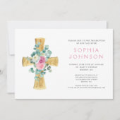 Elegant Religieuze Floral Cross Girl Baptisme Kaart (Voorkant)