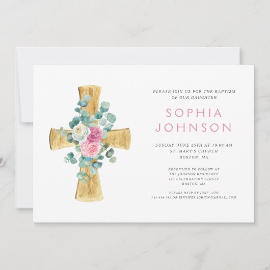 Elegant Religieuze Floral Cross Girl Baptisme Kaart (Voorkant)