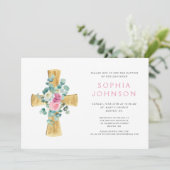 Elegant Religieuze Floral Cross Girl Baptisme Kaart (Staand voorkant)