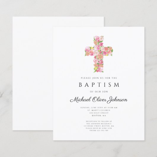 Elegant Religieuze Floral Pink Cross Baptisme (Voorkant / Achterkant)