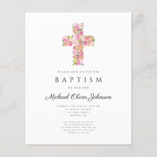Elegant Religieuze Floral Pink Cross Baptisme (Voorkant)