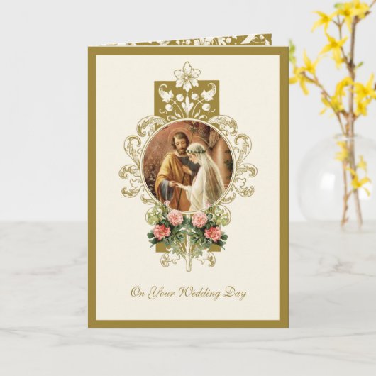 Elegant Religieuze Katholieke Mary Joseph Wedding Kaart (Gele Bloem)