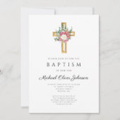 Elegant Religieuze Kruisroze Floral Baptisme Kaart (Voorkant)
