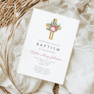 Elegant Religieuze Kruisroze Floral Girl Baptisme Kaart