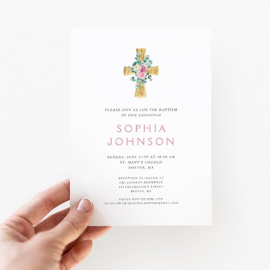 Elegant Religieuze Kruisroze Floral Girl Baptisme Kaart