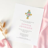 Elegant Religieuze Kruisroze Floral Girl Baptisme Kaart