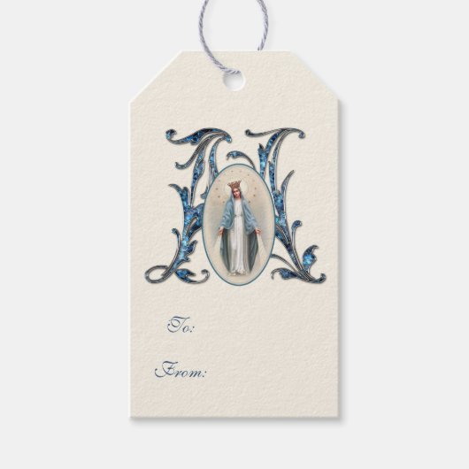 Elegant Religieuze Maagd Mary Blauw Katholiek Cadeaulabel (Voorkant)
