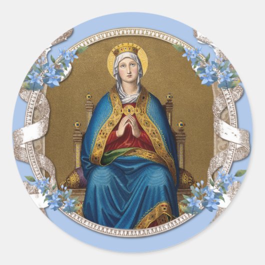 Elegant Religieuze Maagd Mary Blue Floral Ronde Sticker (Voorkant)