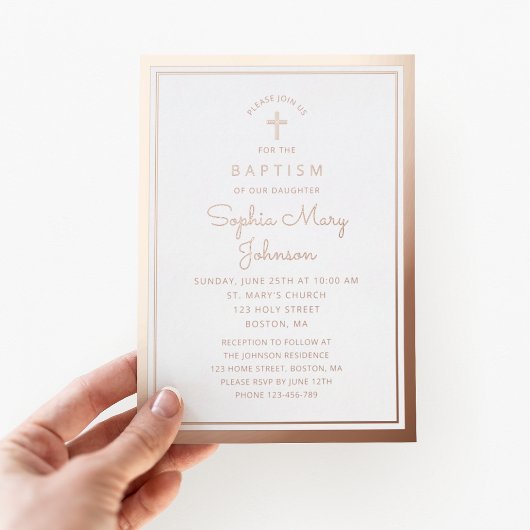 Elegant Religieuze Roos Gold Cross Script Baptisme Folie Uitnodiging