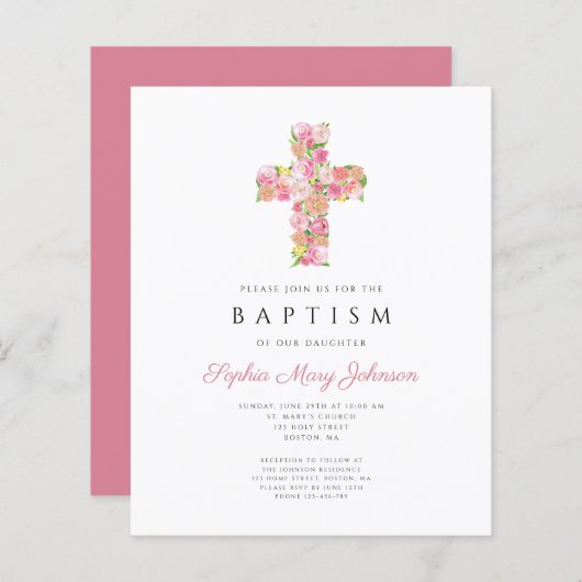 Elegant Religieuze Roze Floral Cross Baptisme (Voorkant / Achterkant)