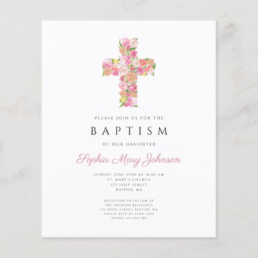 Elegant Religieuze Roze Floral Cross Baptisme (Voorkant)
