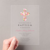 Elegant Religieuze Roze Floral Cross Baptisme Acryl Uitnodigingen (Insitu (Draagbaar))