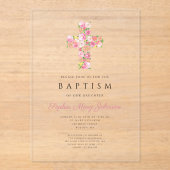 Elegant Religieuze Roze Floral Cross Baptisme Acryl Uitnodigingen (Voorkant)