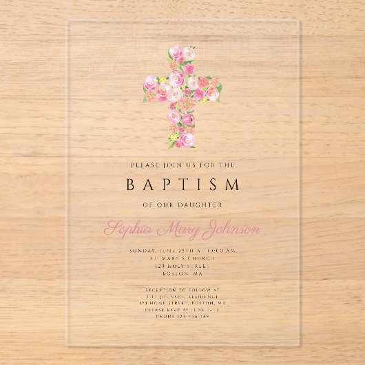 Elegant Religieuze Roze Floral Cross Baptisme Acryl Uitnodigingen (Voorkant)