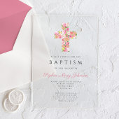 Elegant Religieuze Roze Floral Cross Baptisme Acryl Uitnodigingen