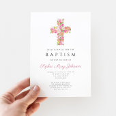 Elegant Religieuze Roze Floral Cross Baptisme Kaart